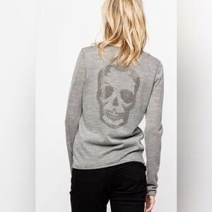 Zadig & Voltaire Nosfa Bis Skull Merino Wool Sweater XS Gray Rhinestone Skull